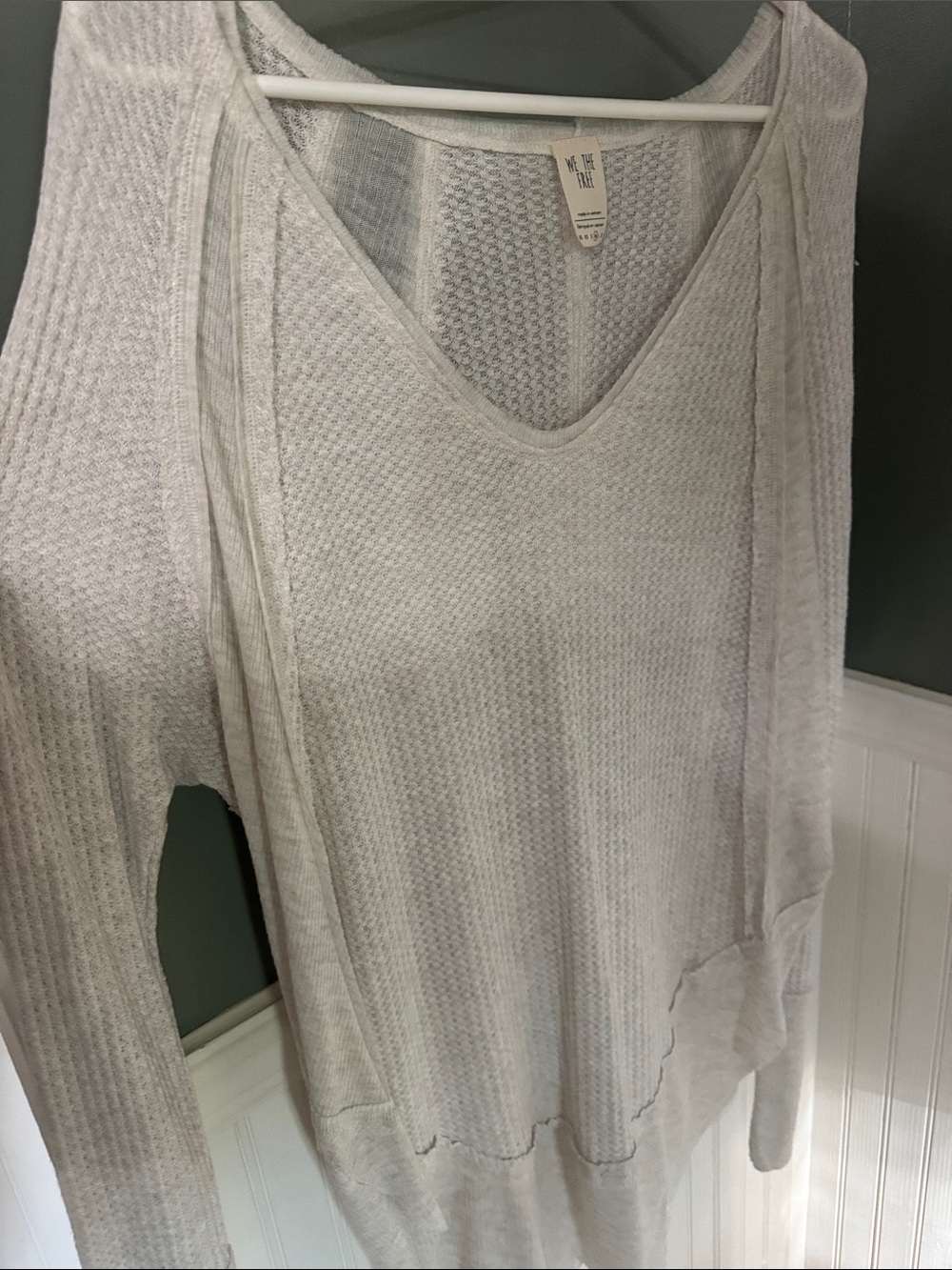 We The Free Ivory Waffle Knit V-Neck Top Oatmeal Heather NWT - Picture 4 of 7